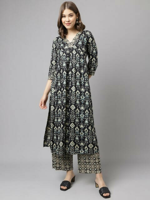 FIORRA Women's Black Cotton A-Line Kurta Palazzo Set | Grocsy