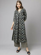 FIORRA Women's Black Cotton A-Line Kurta Palazzo Set | Grocsy
