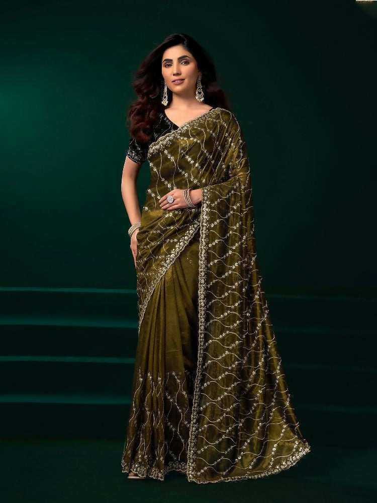 Joban Fashion Mehandi Green Net Party Wear Sarees | Grocsy