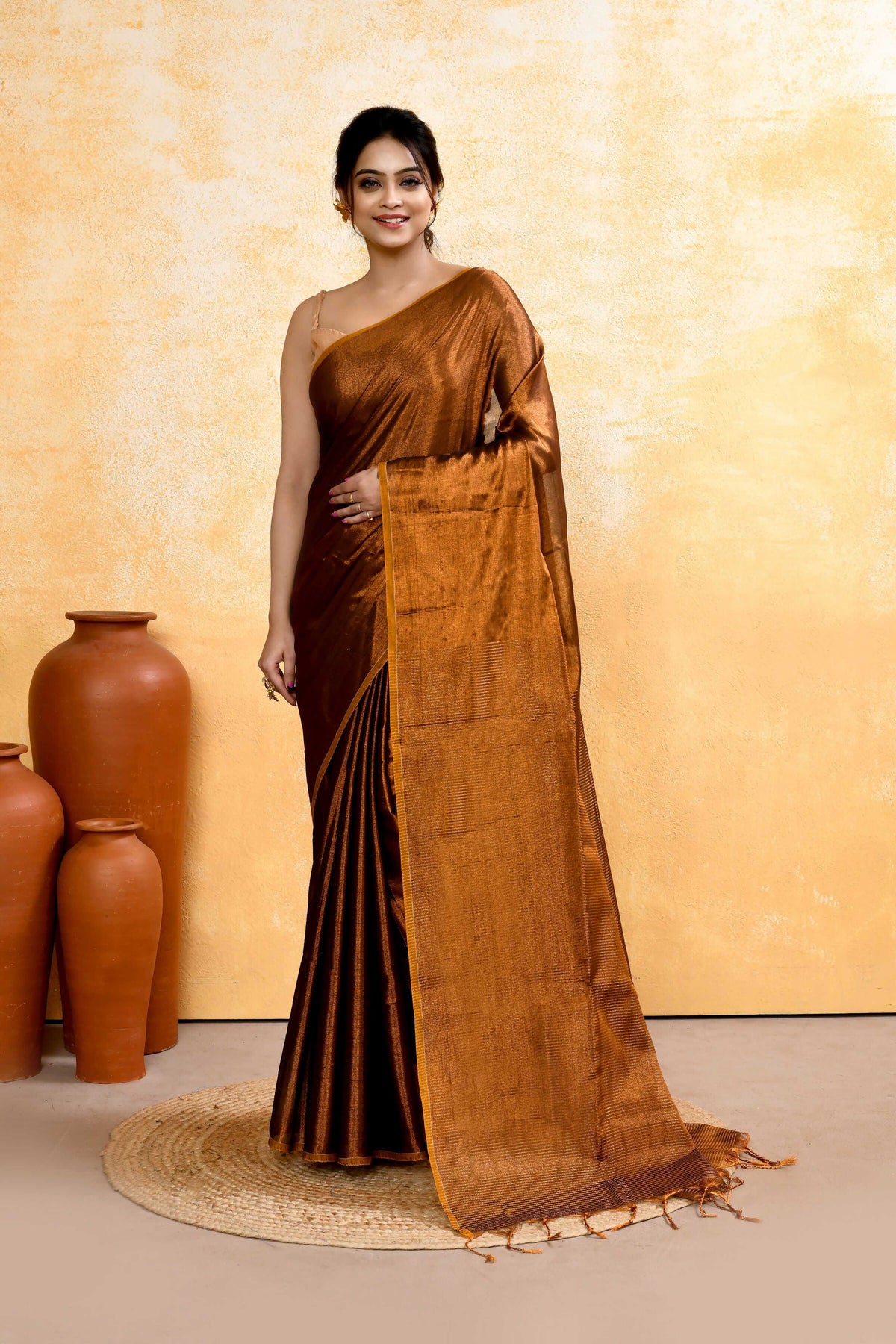 Piyari Fashion Women's Copper Dual Tone Organic Tissue Saree With Blouse Piece | Grocsy
