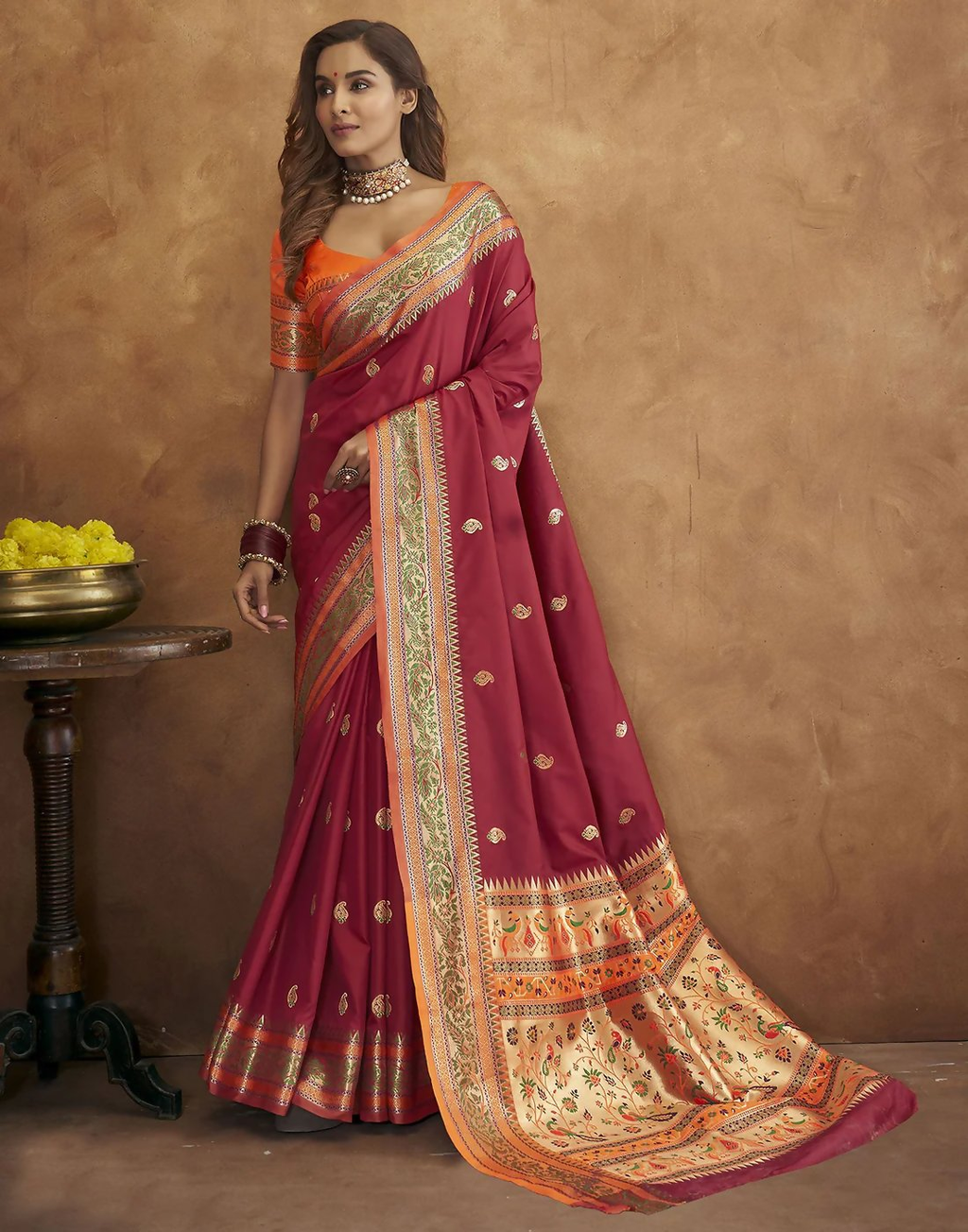 Vastranavya Maroon Soft Paithani Silk Saree With Gold Zari Weaving Motifs With Matching Blouse Fabric | Grocsy