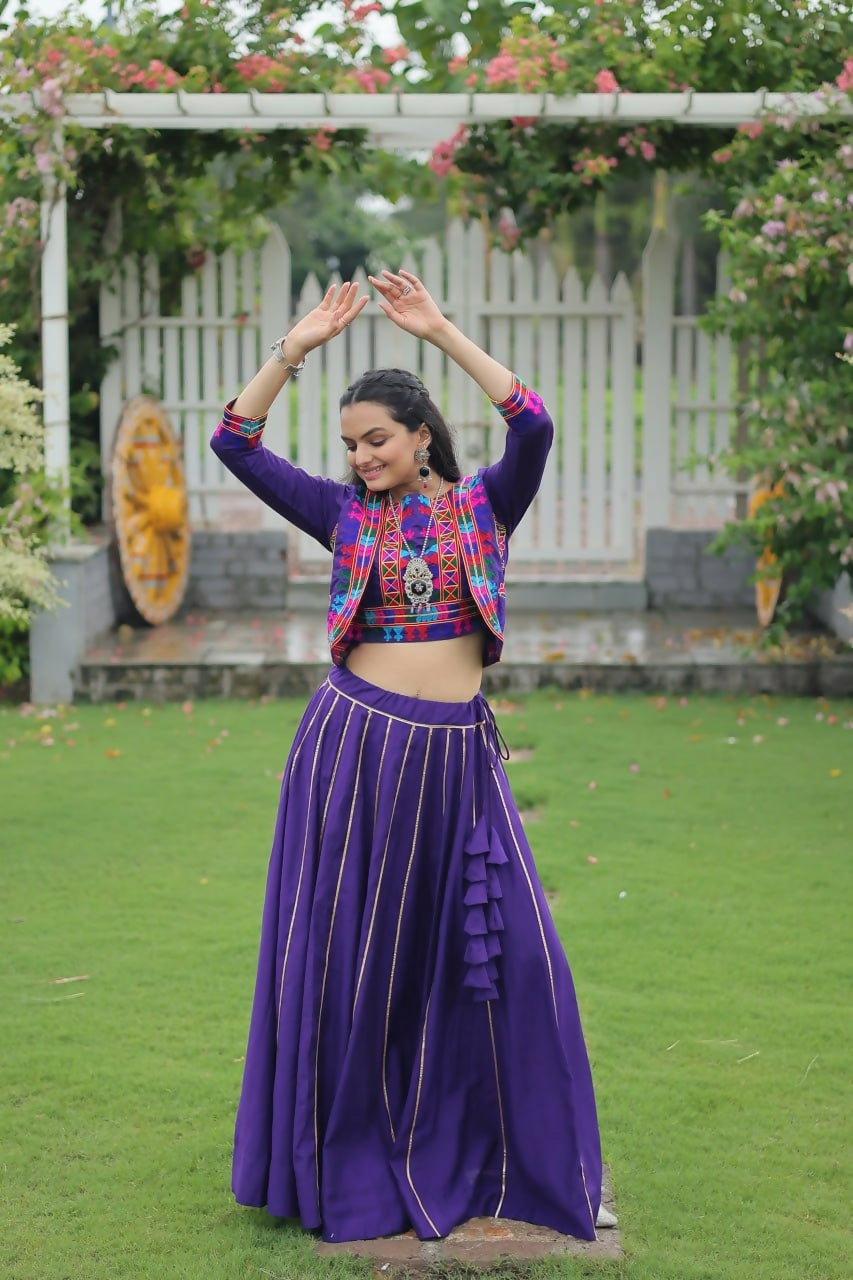 Teeya Creation Purple Colour Roman Silk With Gamathi Work Navratri Lehenga Choli | Grocsy