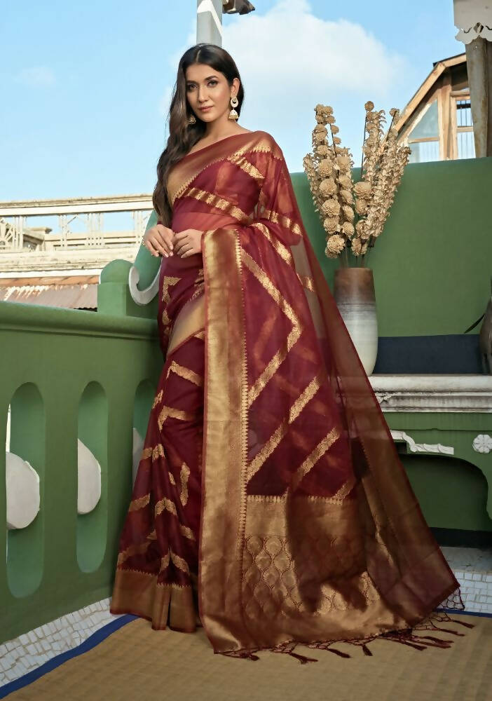 Delightful Designer Maroon Color Organza Silk Saree With Weaving Work - Yomika Fashions | Grocsy