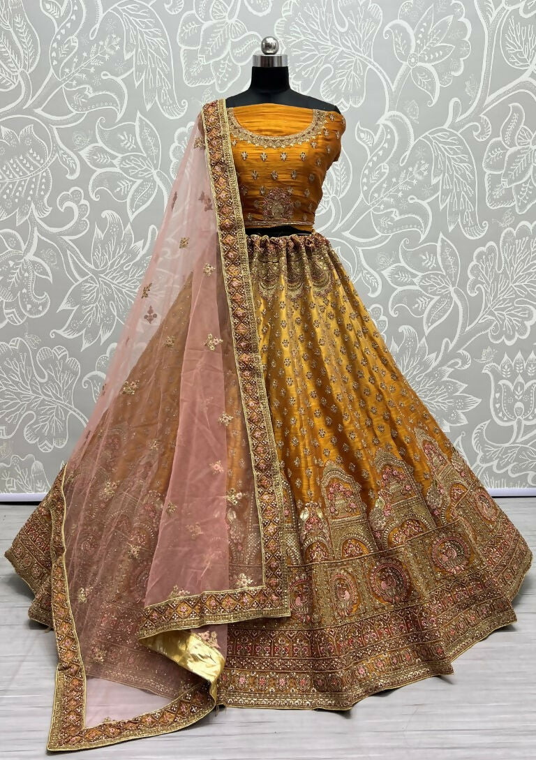 Jyoti Fashion Women's Golden Bridal Net Fancy Dori & Sequins Multi Thread Embroidered with Diamond Work Wedding Lehenga Choli | Grocsy
