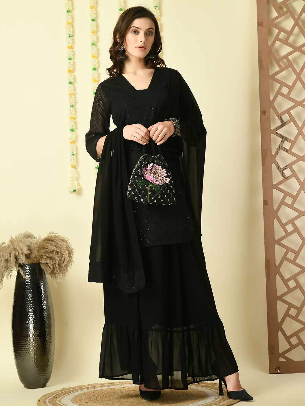 Myshka Women's Black Georgette Kurti & Skirt With Dupatta Party Sets | Grocsy