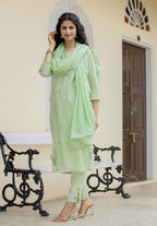 Kaajh Women's Green Mirror Embellished Cotton Suit Set | Grocsy