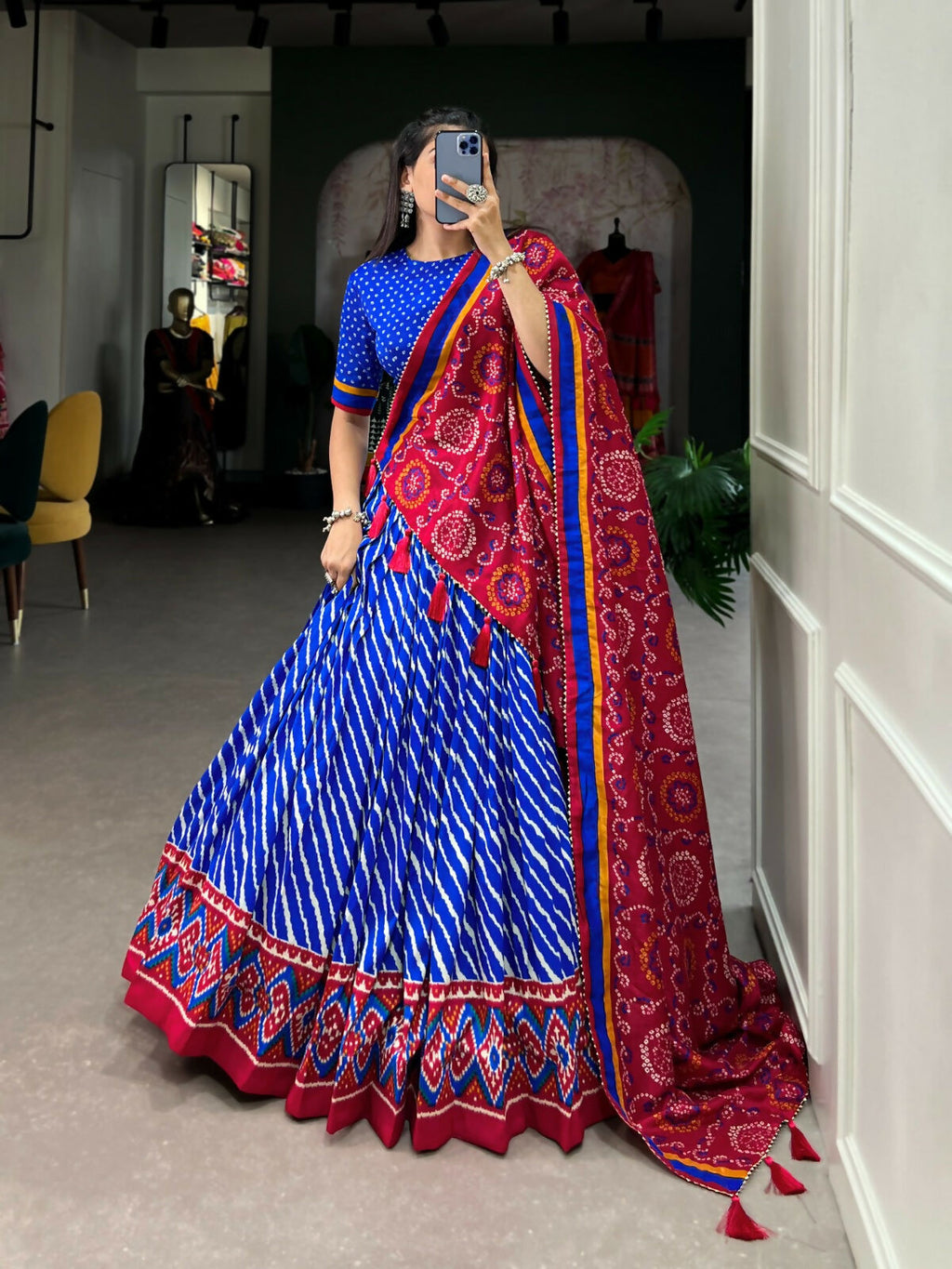 Vastranavya Cultural Leheriya With Patola Print Border Tussar Silk Lehenga Choli - Royal Blue | Grocsy