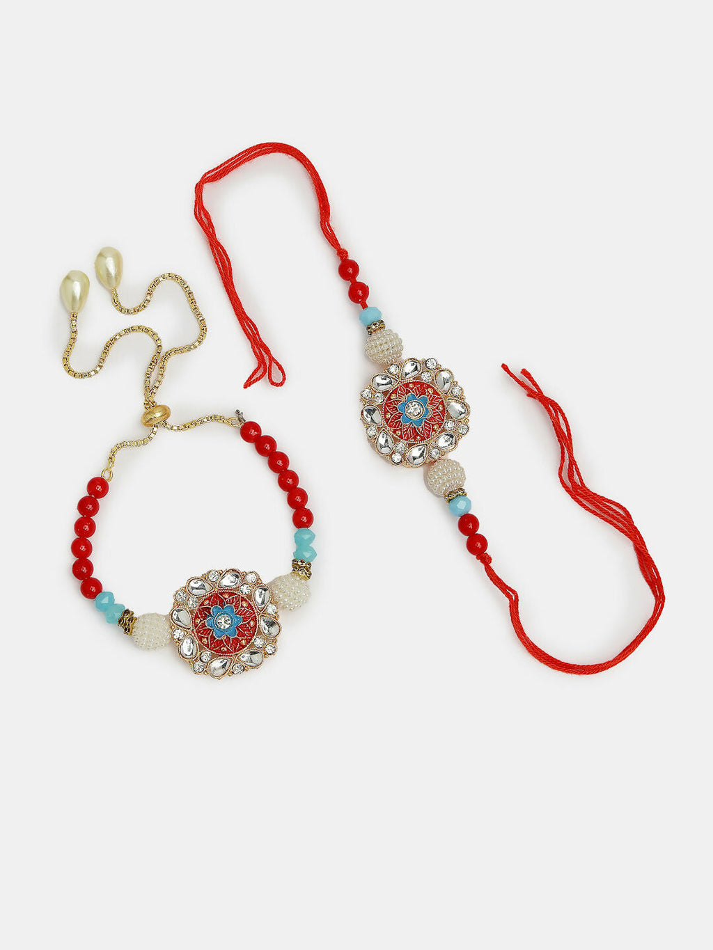 NVR Women & Men Set of 2 Red-colored Stone-Studded & Beaded Bhaiya Bhabhi Rakhi With Roli Chawal & Chocolate | Grocsy