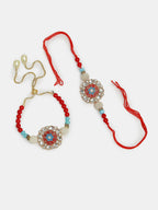 NVR Women & Men Set of 2 Red-colored Stone-Studded & Beaded Bhaiya Bhabhi Rakhi With Roli Chawal & Chocolate | Grocsy
