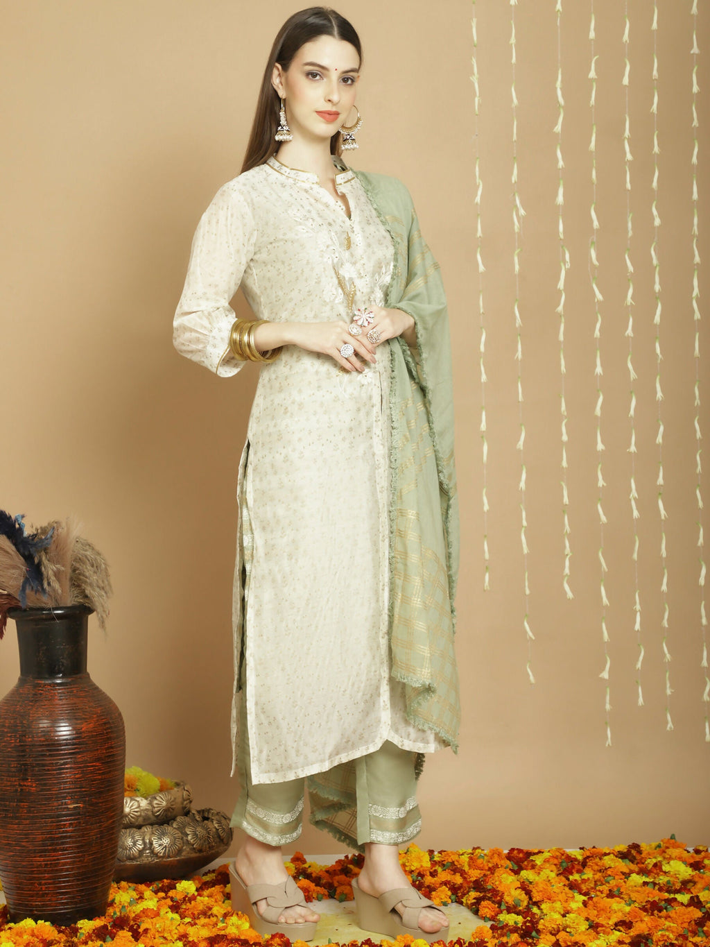 Jyoti Fashion Women's Off White Chanderi Silk Elegant Jardoshi Kurta with Trouser & Dupatta | Grocsy