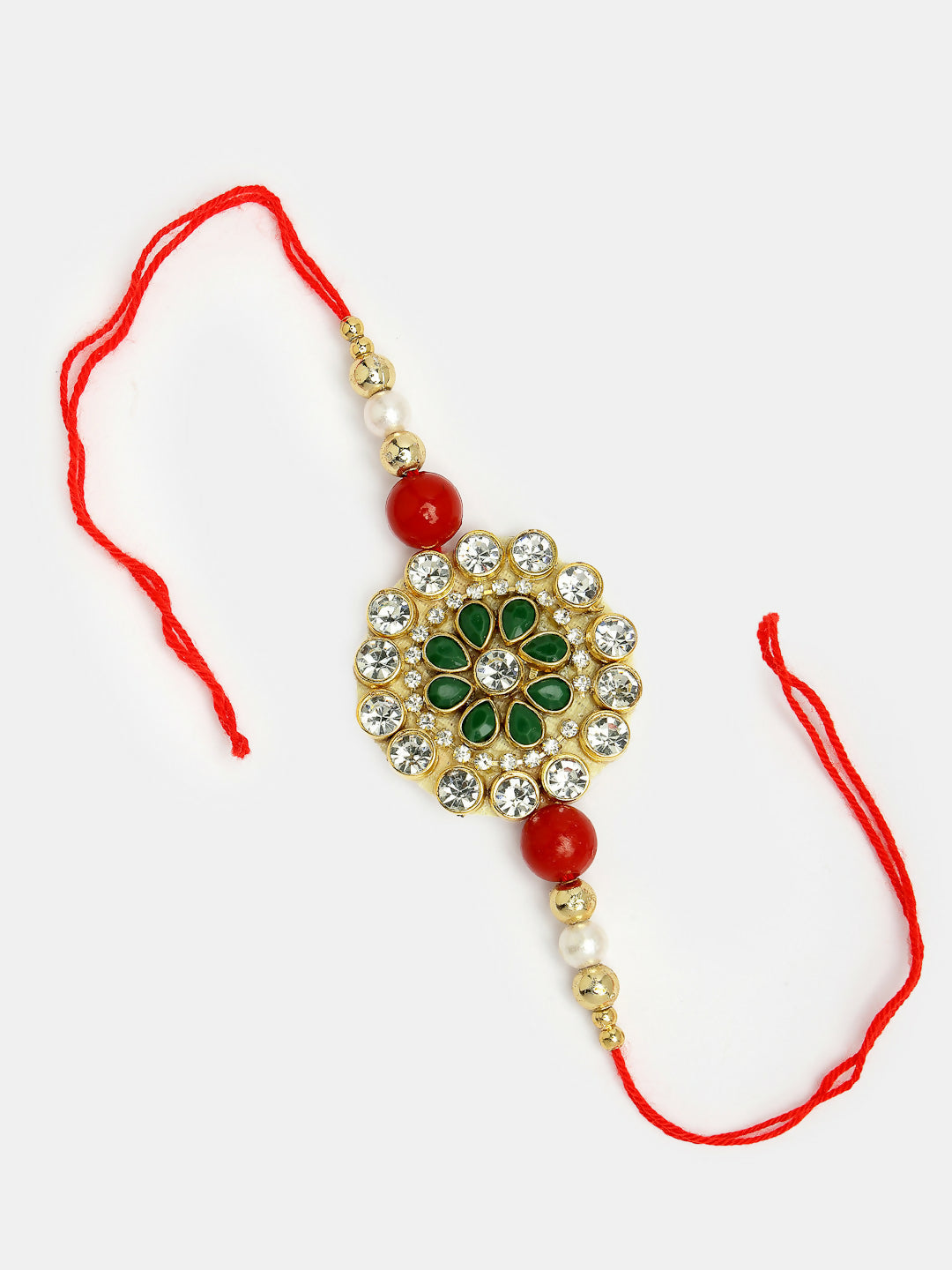 NVR Women & Men Set of 2 Red & Gold Toned Stone-Studded & Beaded Bhaiya Bhabhi Rakhi With Roli Chawal & Chocolate | Grocsy