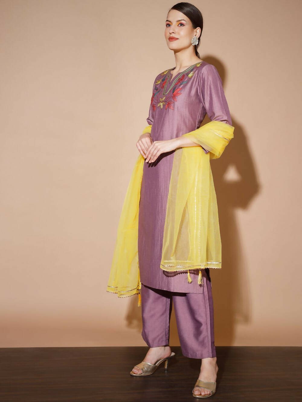 Myshka Mauve Solid Kurta & Palazzos With Dupatta | Grocsy
