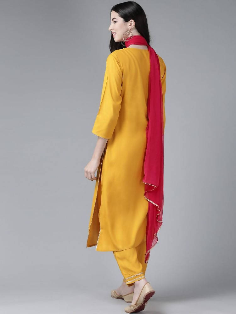 Yufta Women's Mustard Rayon Kurti With Pant Dupatta Set | Grocsy