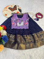 Teeya Creation New Stylish Girls Lavender & Navy Blue Silk Traditional Pichwai Art Lehenga Choli Set-Blue | Grocsy