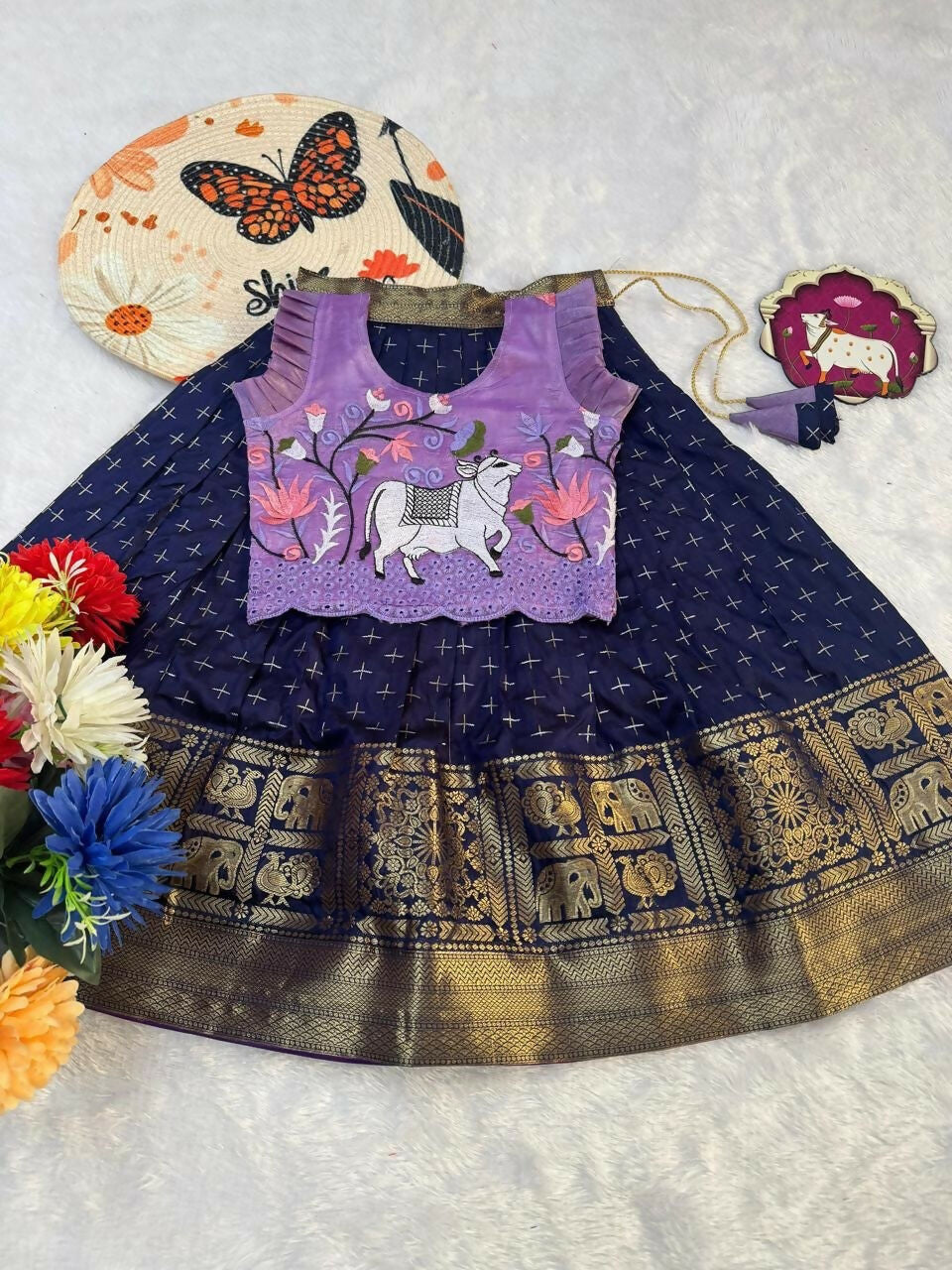 Teeya Creation New Stylish Girls Lavender & Navy Blue Silk Traditional Pichwai Art Lehenga Choli Set-Blue | Grocsy
