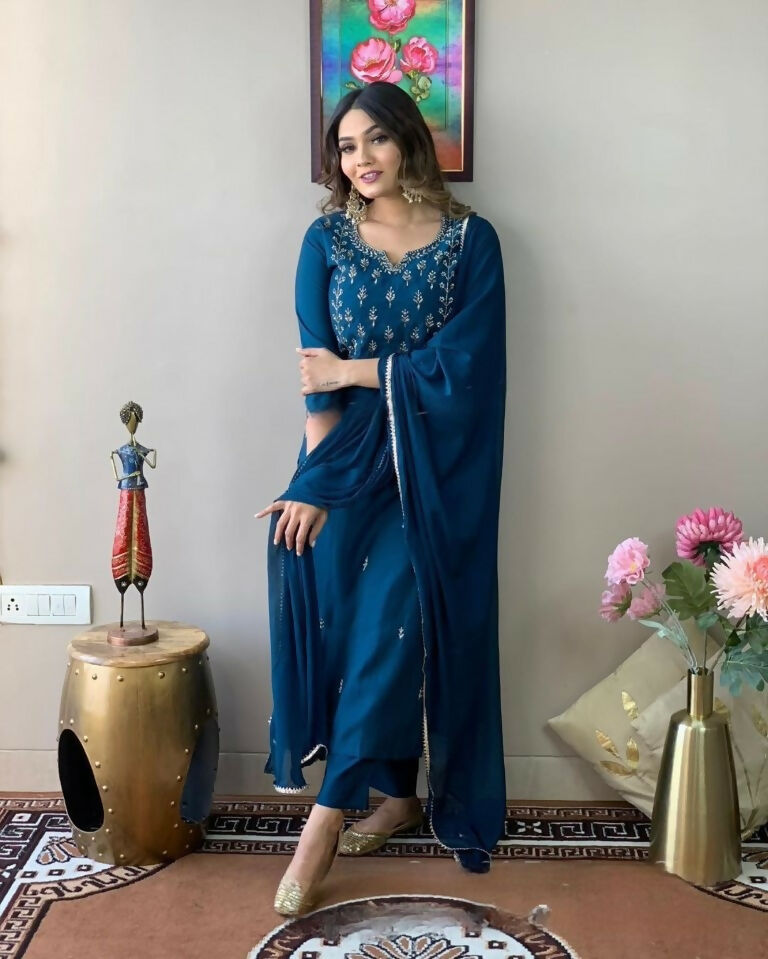 Ethnic Festive Wear Reyon Slub Rama Stitched Suit With Dupatta - Tanisha | Grocsy