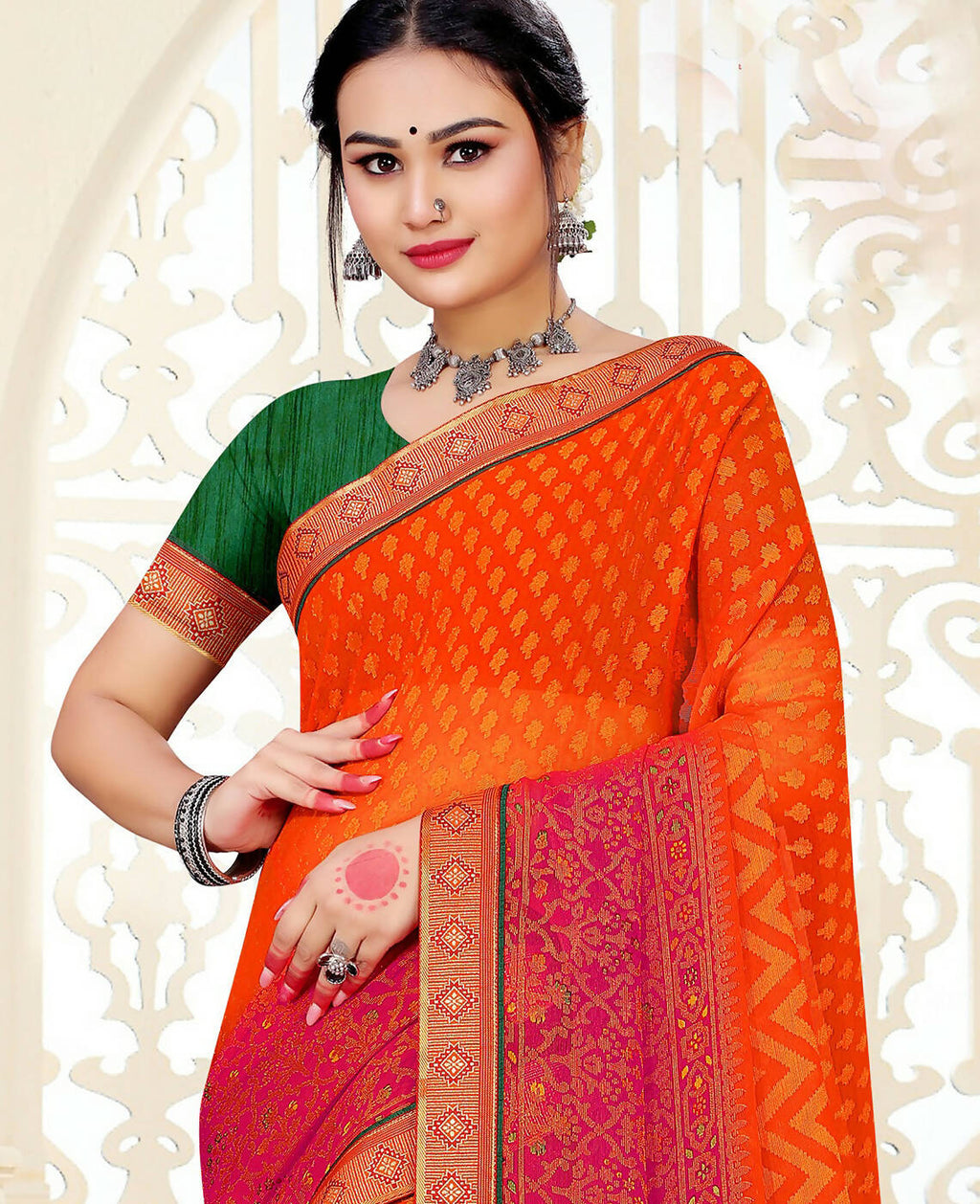 Orange & Pink Chiffon Brasso Printed Saree With Unstitched Blouse Piece - Jyoti | Grocsy