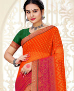Orange & Pink Chiffon Brasso Printed Saree With Unstitched Blouse Piece - Jyoti | Grocsy