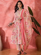 Joban Fashion Printed Pink Pure Cotton Kurta Set | Grocsy