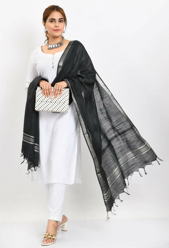 Mominos Fashion Moeza Women's Linen Cotton Silver Border Black Dupatta | Grocsy