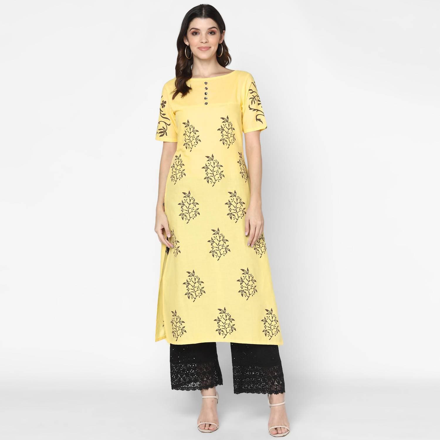 Cheera Hand Block Print Pale Yellow Straight Kurta (MAAI-056K) | Grocsy