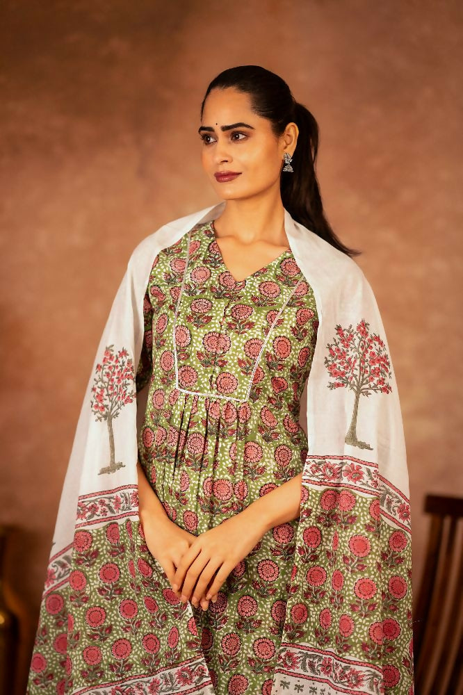 Joban Fashion Green Hand Block Printed Cotton Suit Set | Grocsy