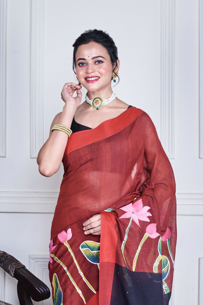 Morchari Multicolour Cotton Handloom Mirror Work Saree Unstitched Blouse | Grocsy
