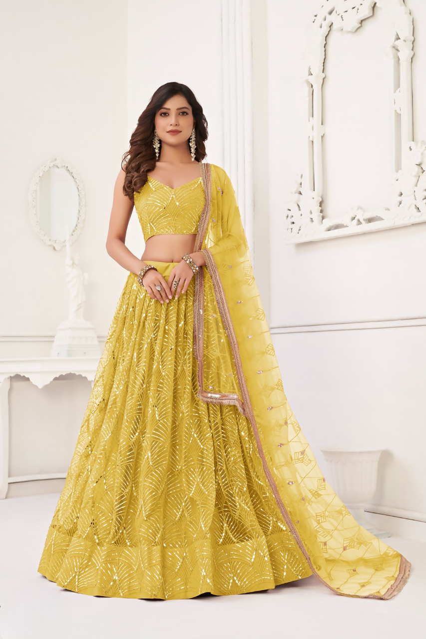 Eilara Glamorous Yellow Net With Sequins And Thread Embroidery Real Mirror Work Lehenga Choli For Wedding | Grocsy