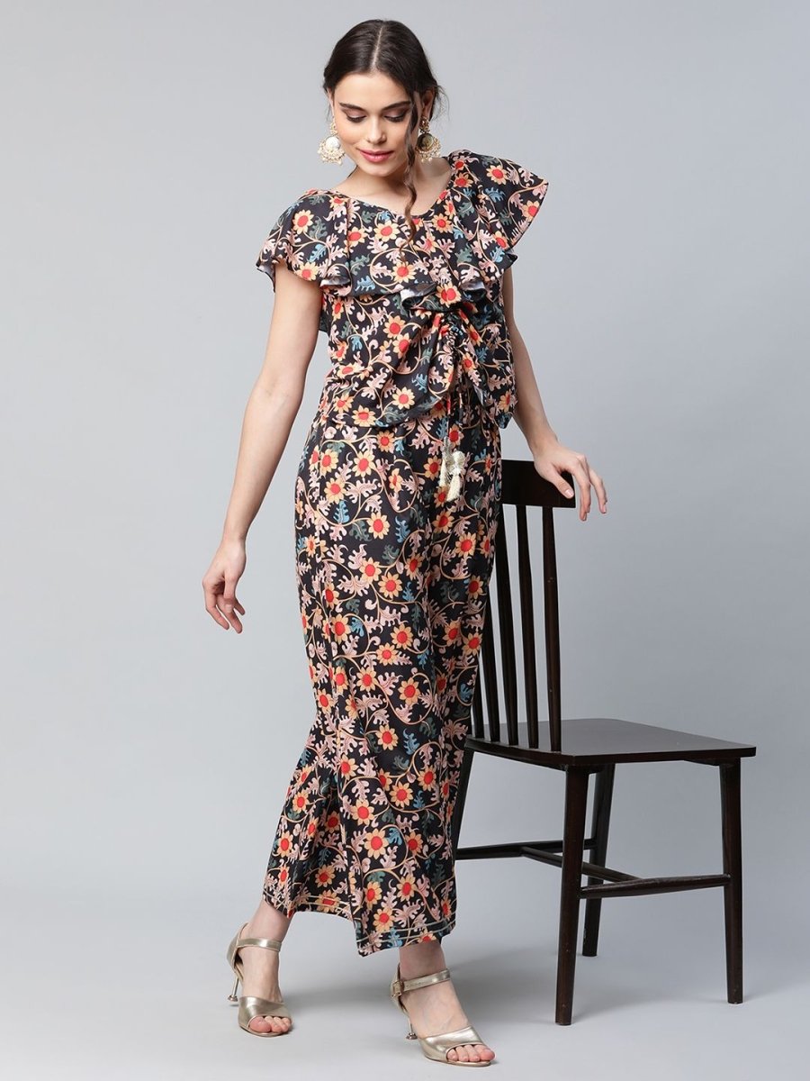Ahalyaa Women Black Crepe Digital Print Top with Palazzo Set | Grocsy