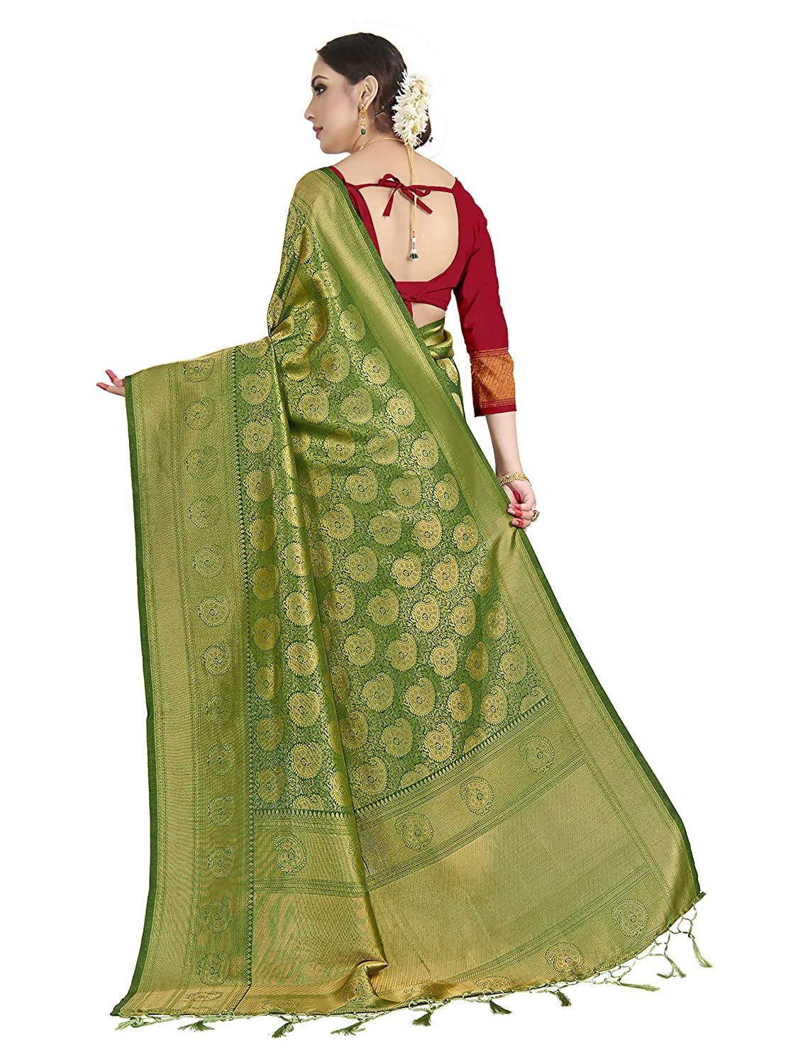 Vardha Women's Olive Green Kanchipuram Raw Silk Saree With Unstitched Blouse Piece | Grocsy