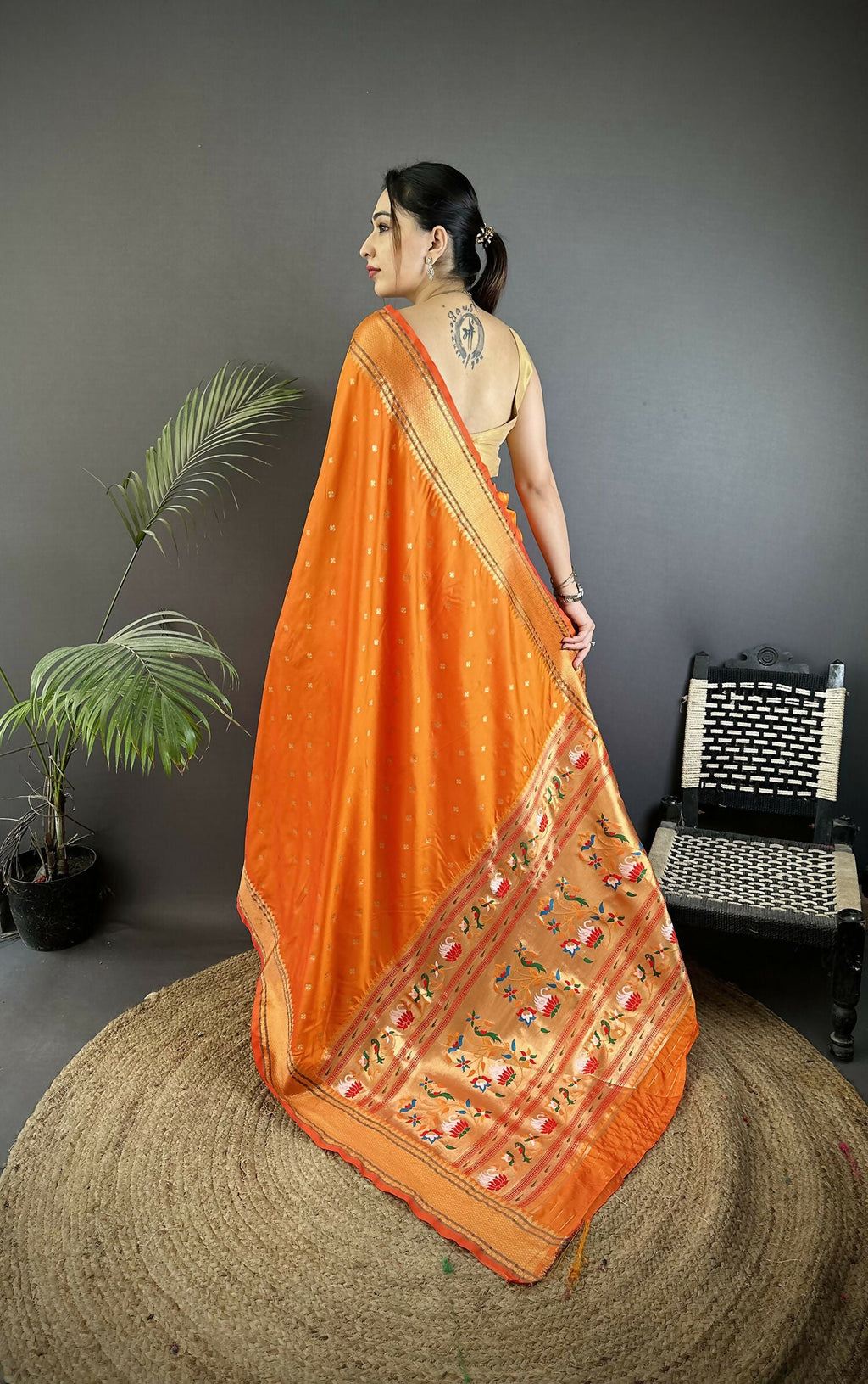 Joban Fashion Orange Butti Woven Soft Lichi Silk Paithani Saree | Grocsy