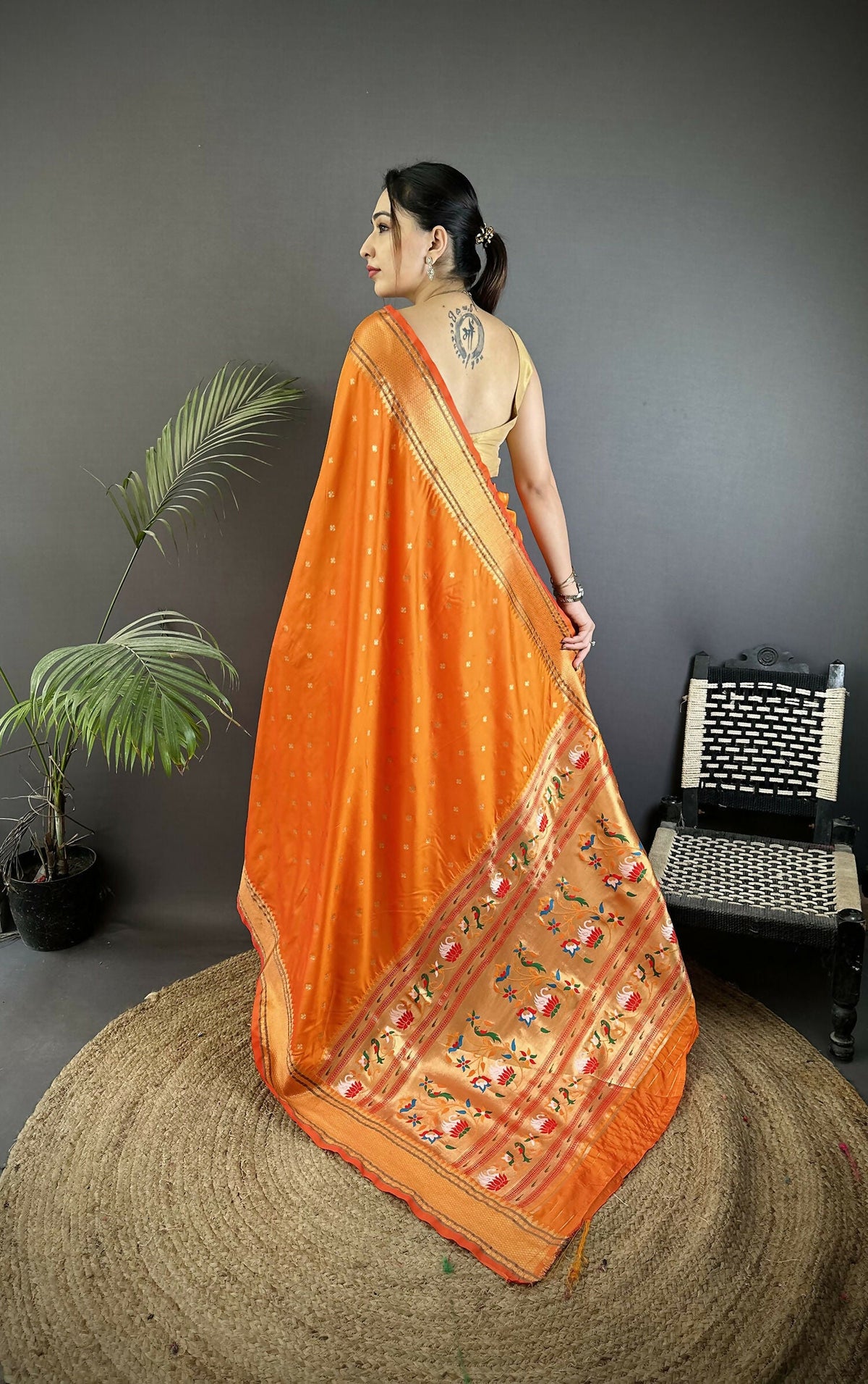 Joban Fashion Orange Butti Woven Soft Lichi Silk Paithani Saree | Grocsy