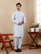 Light Blue Silk Designer Embroidery Work Men's Rajwadi Kurta Set - Mahotsav | Grocsy