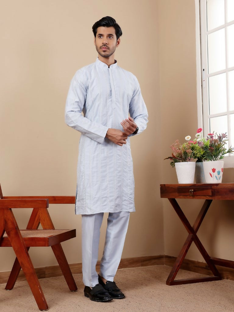 Light Blue Silk Designer Embroidery Work Men's Rajwadi Kurta Set - Mahotsav | Grocsy