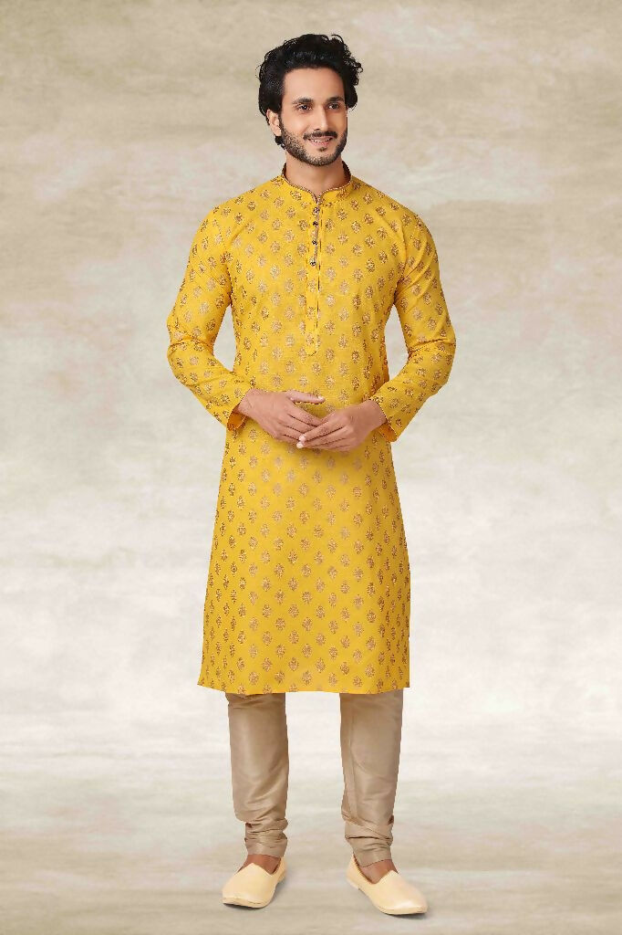 Raivat Ethnic Cotton Printed Work Kurta Pajama In Yellow Colour | Grocsy