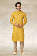 Raivat Ethnic Cotton Printed Work Kurta Pajama In Yellow Colour | Grocsy
