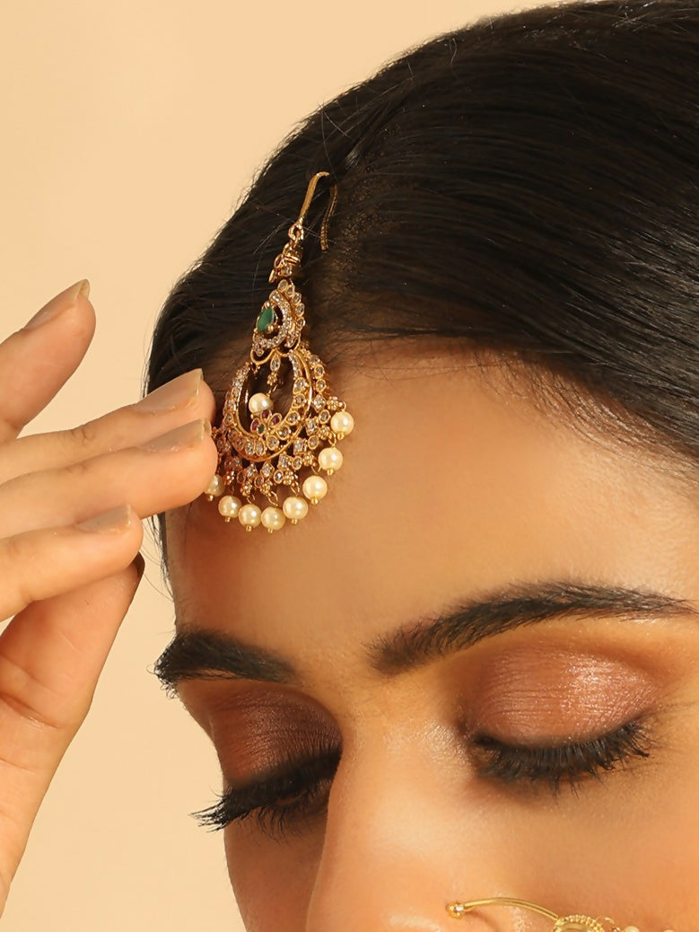 Nuyug 18K Gold Plated Ethereal Pearl Drops Maang Tikka | Grocsy