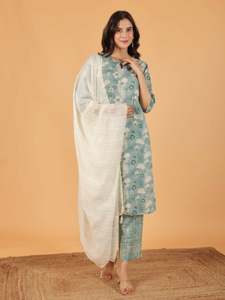Aramya Straight Soft Cotton Floral Print Women's Kurta Set - Green | Grocsy