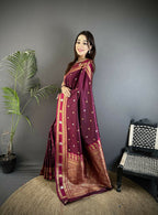 Joban Fashion Maroon Banarasi Soft Silk Woven Saree | Grocsy