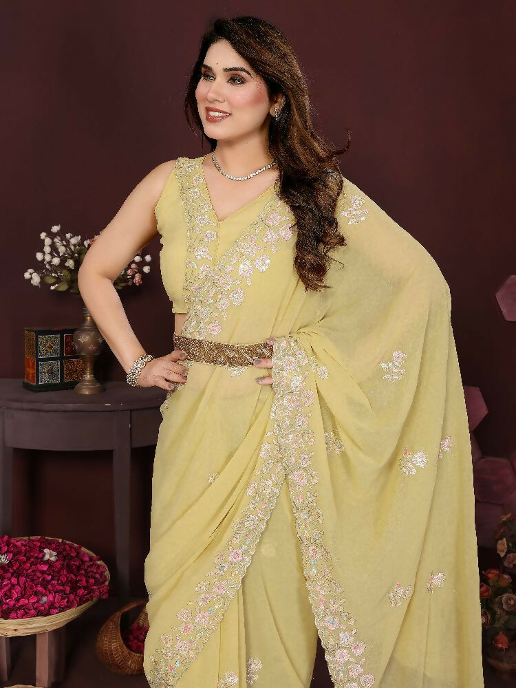 PR Fashion Yellow Georgette Embroidery Work With Embroidery Work Blouse Saree | Grocsy