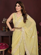 PR Fashion Yellow Georgette Embroidery Work With Embroidery Work Blouse Saree | Grocsy