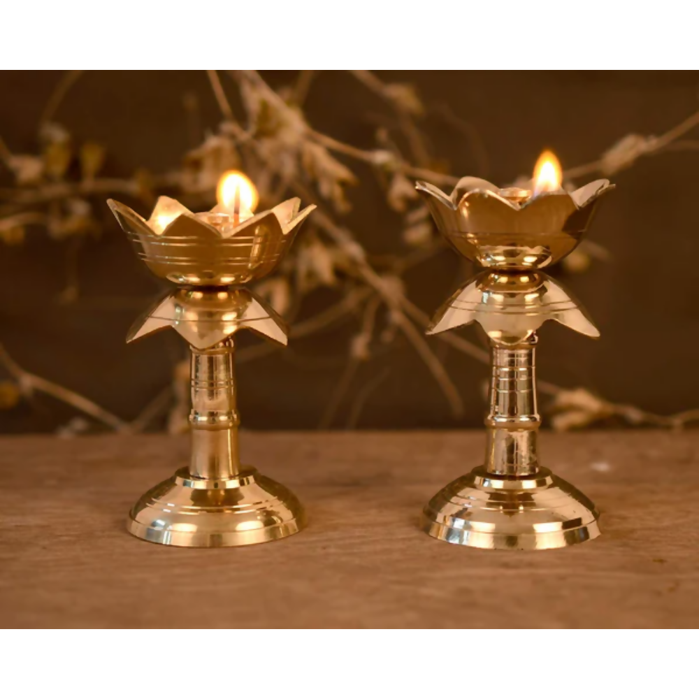 CraftVatika Brass Lotus Shape Pillar Diya Oil Lamp Stand Showpiece | Grocsy