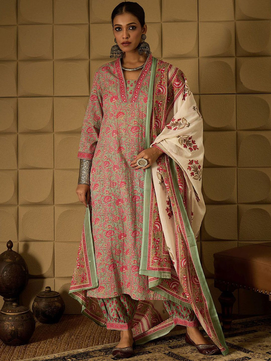 Indo Era Floral Printed Pure Cotton Straight Kurta with Salwar & Dupatta | Grocsy