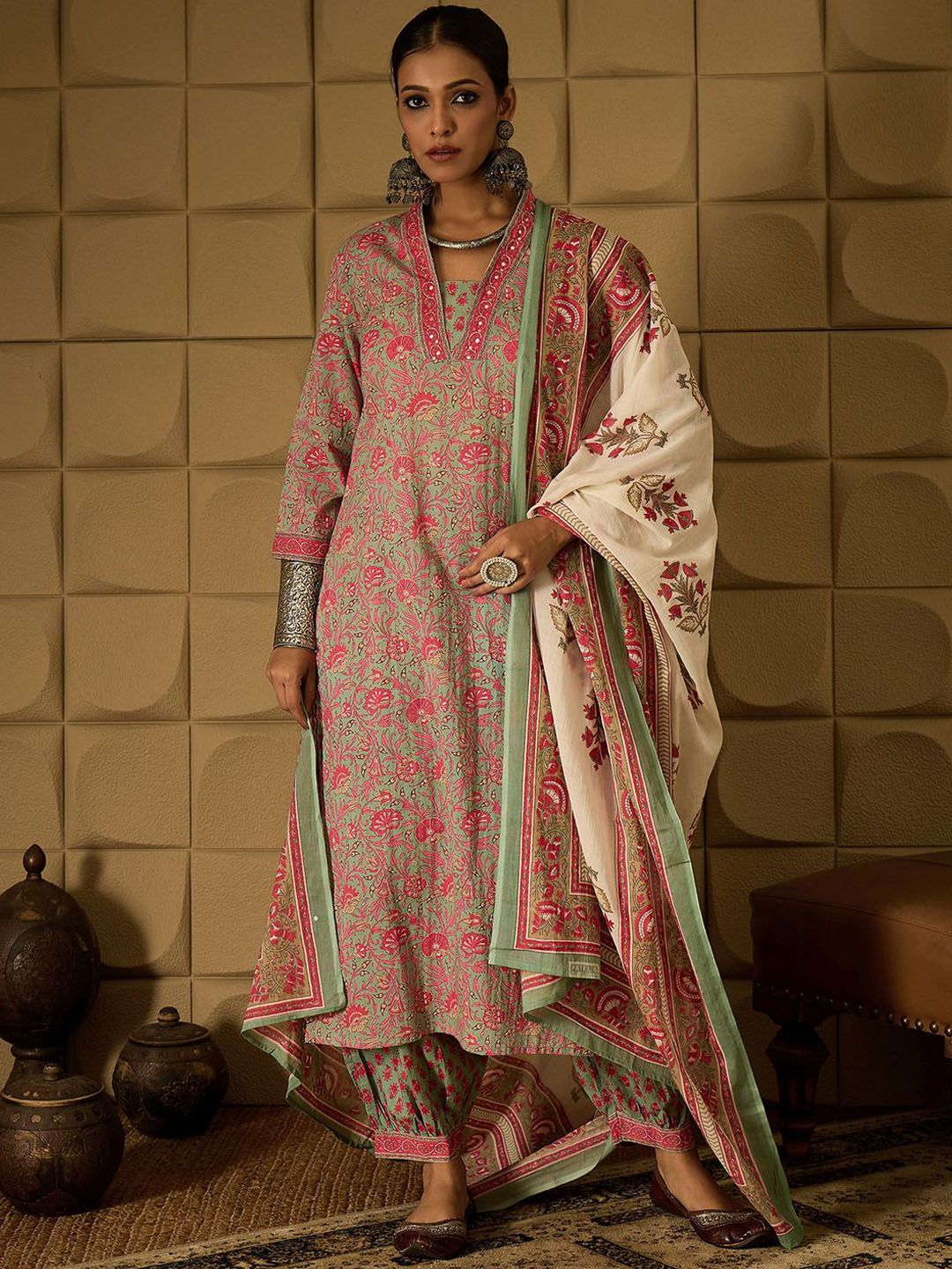 Indo Era Floral Printed Pure Cotton Straight Kurta with Salwar & Dupatta | Grocsy