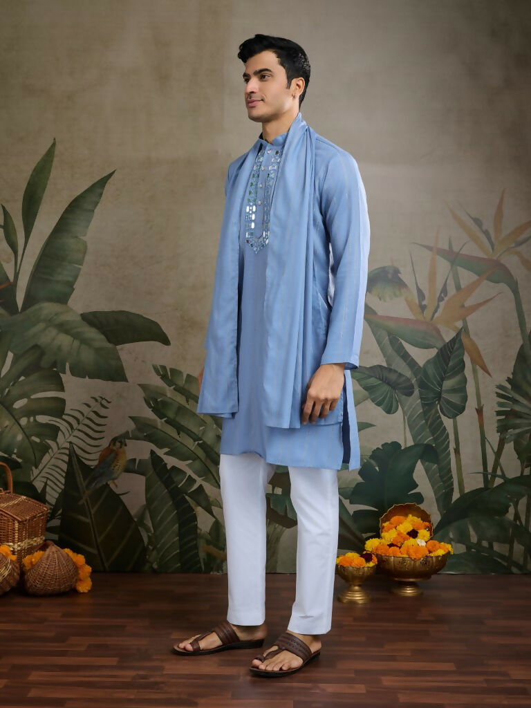 Vastranavya Light Blue Exclusive Viscose Silk Festival Wear Real Mirror Work Kurta with Dupatta | Grocsy