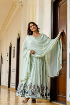 Teeya Creation Mint Green Chinnon Heavy Work Long Wedding Gown | Grocsy
