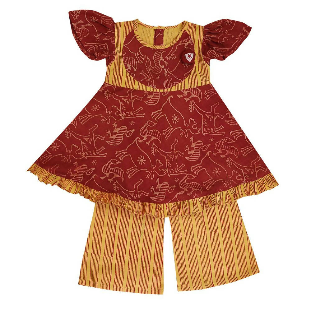 Mhyssa Gathered Sleeves Red Kurta With Full Length Yellow Palazzo Set For Kids | Grocsy