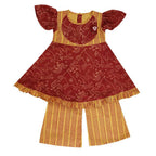 Mhyssa Gathered Sleeves Red Kurta With Full Length Yellow Palazzo Set For Kids | Grocsy