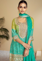 Lorenvalley Fashion Green and Teal Chinon Embroidery With Sequince Work Salwar Kameez Stitched | Grocsy