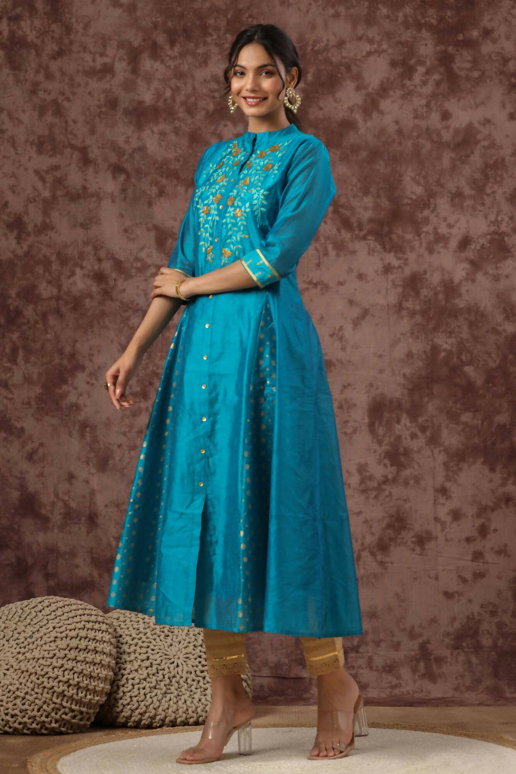 Juniper Women Teal Chanderi Silk Embroidered & Printed Anarkali Kurta | Grocsy